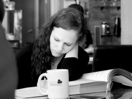 Random customer studying while enjoying a tea at the Green Beanery.