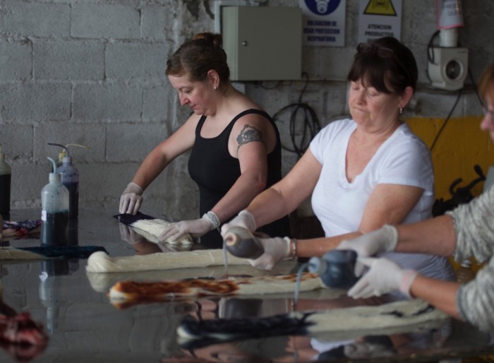 Mary Scott Huff and friends; yarn dying class at Malabrigo's Uruguay Mill. (c) Copyright 2015 Michael Durrant